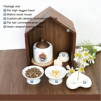 Set of pet-related items including a high-legged basin, walnut wood house, ceramic commemorative jar, and more on a wooden surface.