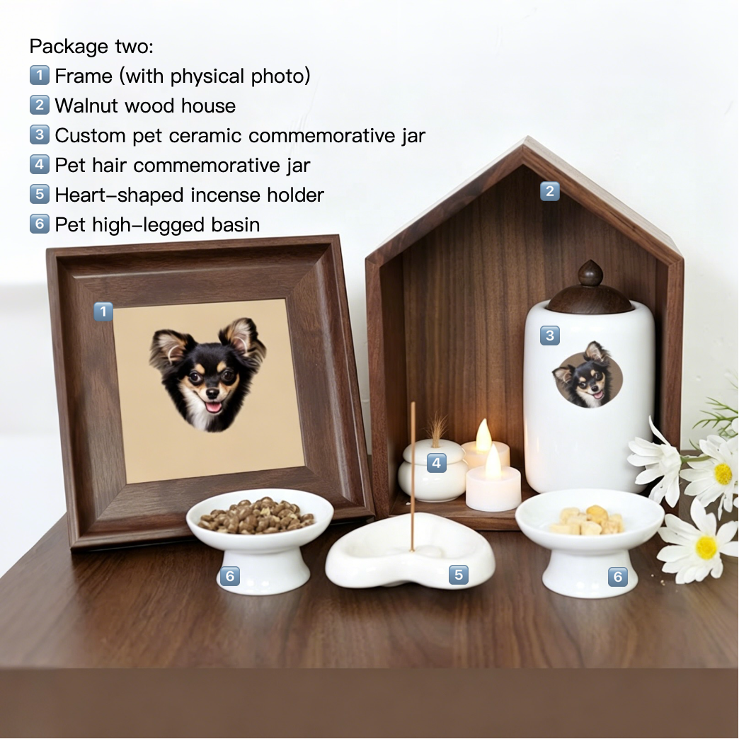 Set of pet memorials including a framed photo, wooden house, ceramic jar, and more on a white background.