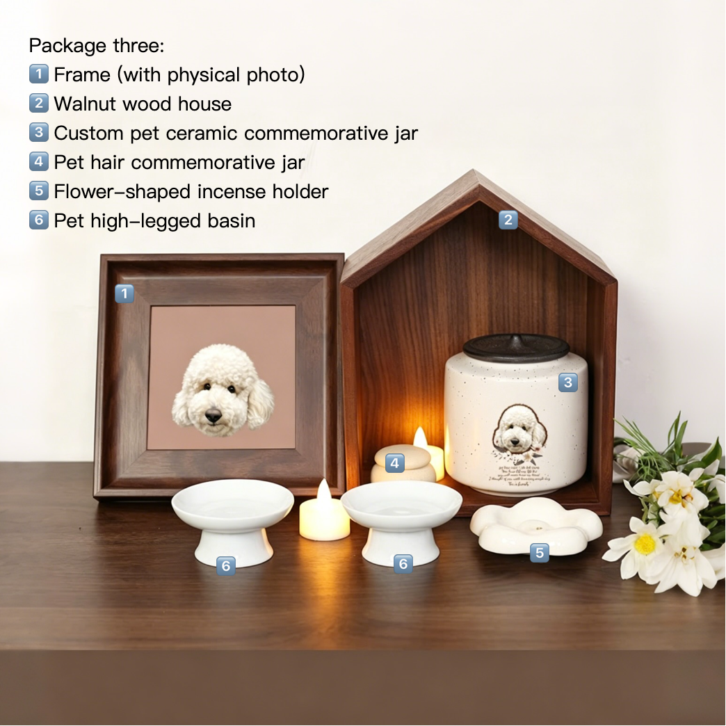 Set of pet memorials including a framed photo, wooden house, ceramic jar, and more on a wooden surface.