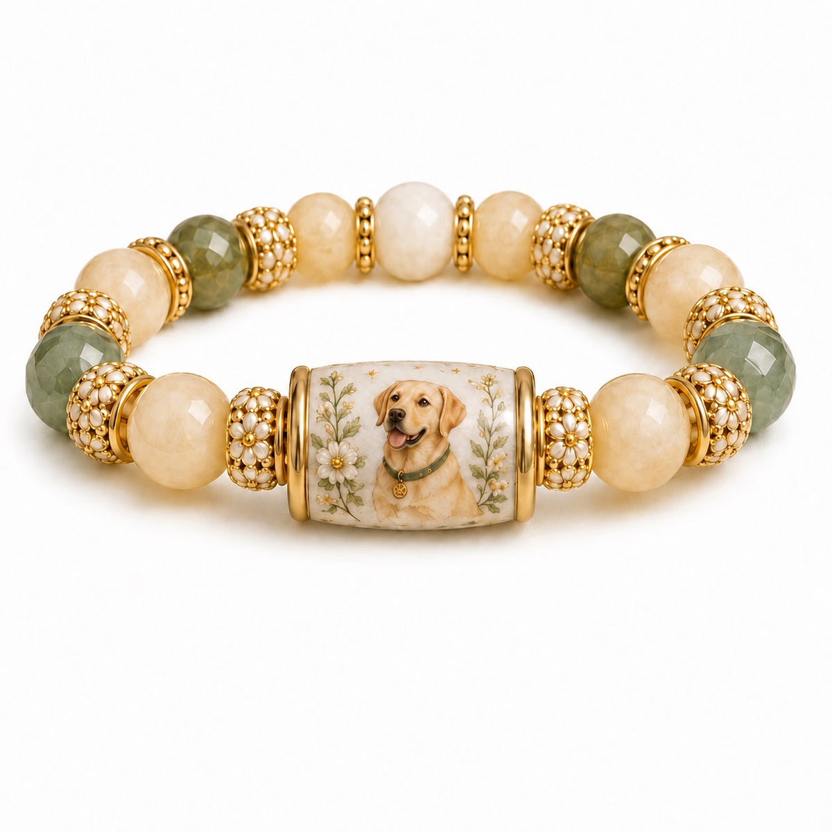 Yellow Labrador animal crystal beaded stretch bracelet isolated on a white background