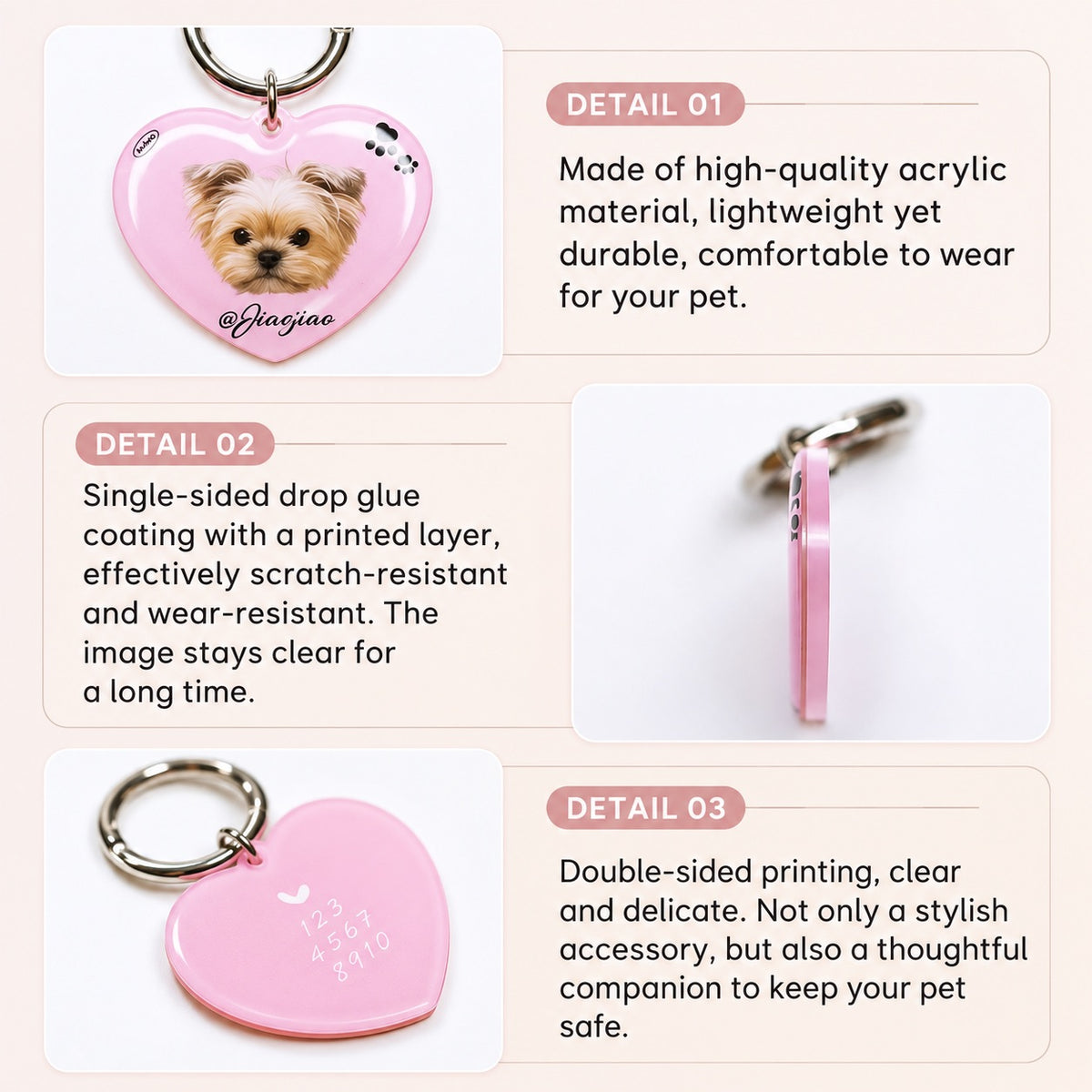 Product detail graphic showing the acrylic heart tag, glossy front coating and printed text on the reverse