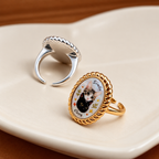 Front and back views of gold and silver adjustable pet portrait rings with open bands 