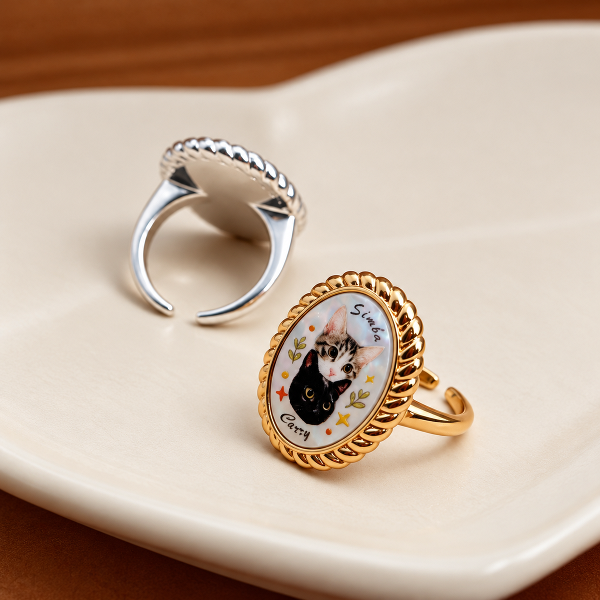 Front and back views of gold and silver adjustable pet portrait rings with open bands 