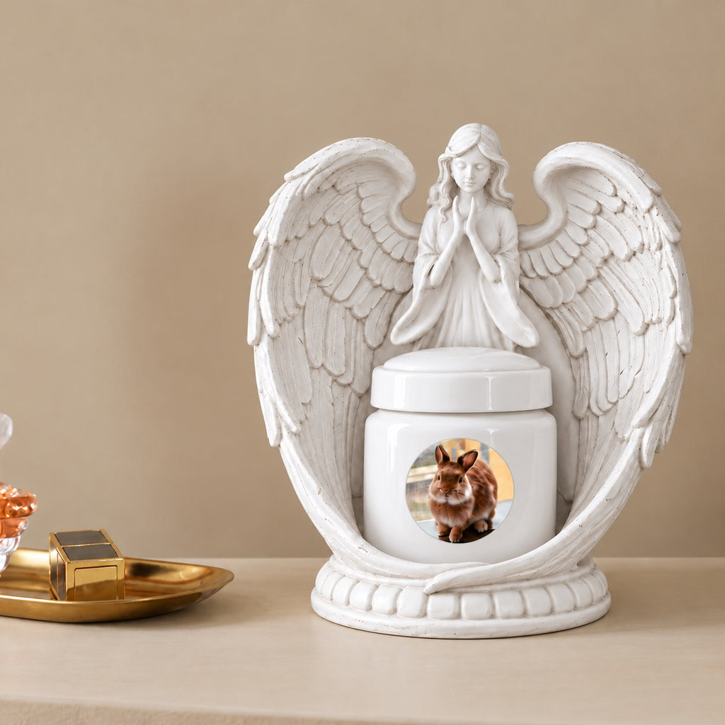 Dimensions and capacity guide for the resin angel holder and personalized ceramic pet urn