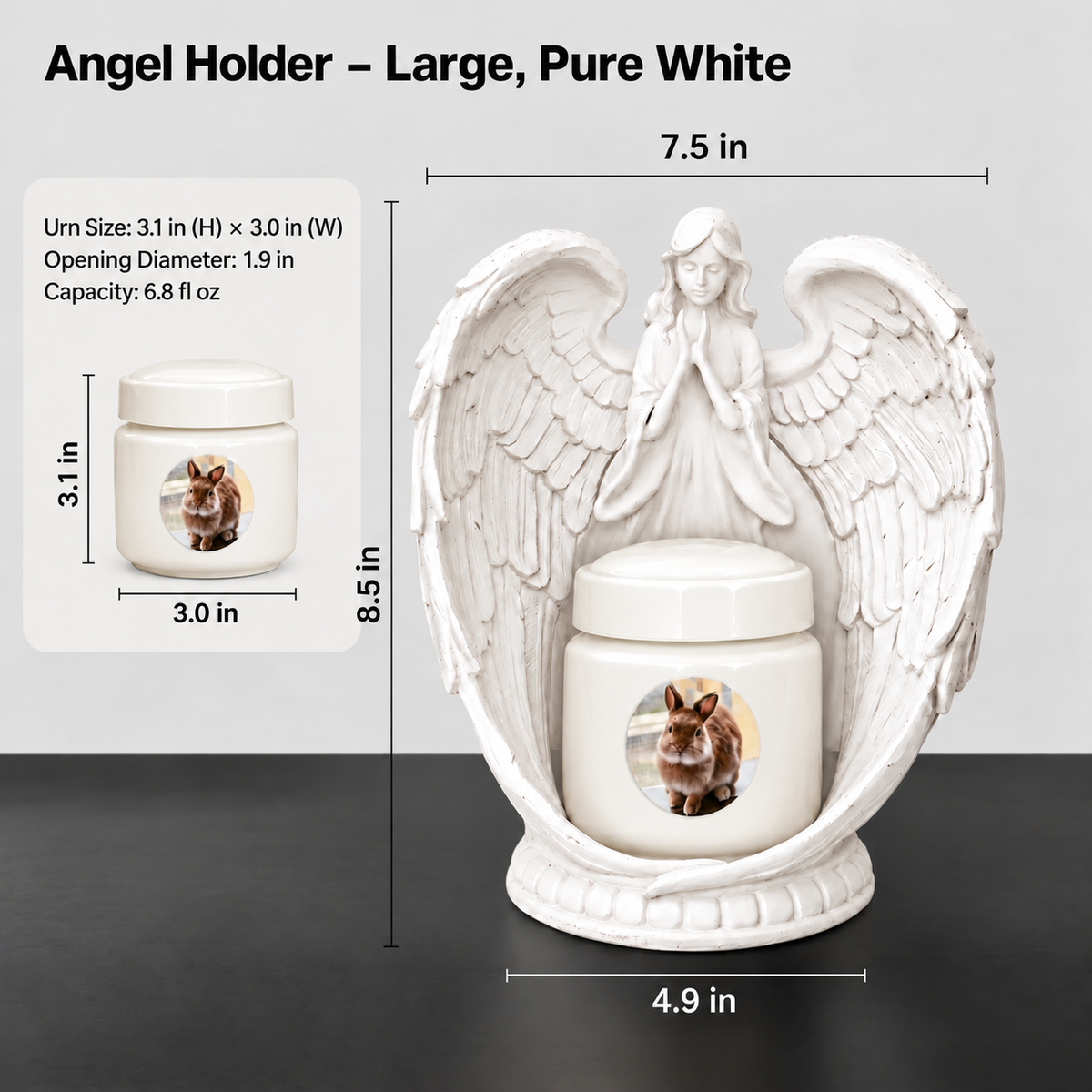 Dimensions and capacity guide for the resin angel holder and personalized ceramic pet urn
