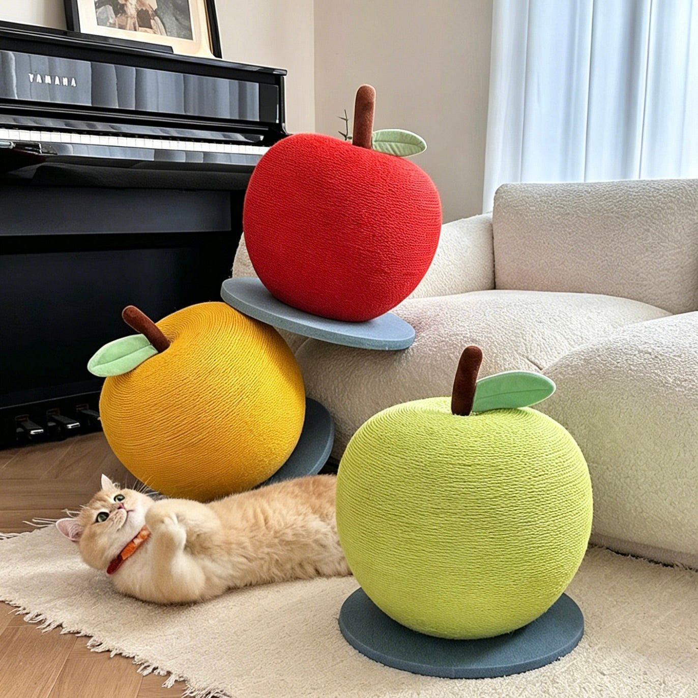 Red yellow and green apple cat scratching posts for indoor cats