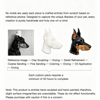 An infographic showcasing the bespoke 10-step hand-sculpting and hand-painting process of a 3D Doberman Pinscher pet portrait ring, highlighting that each unique masterpiece requires over 50 hours of pure artisan craftsmanship without any molds.