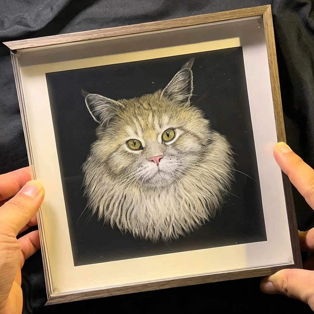 Bespoke clear acrylic cat portrait home decor highlighting the detailed hand etched line lines