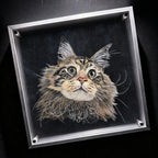 Custom 3D cat portrait hand engraved on clear acrylic in a wooden frame by Memopaw