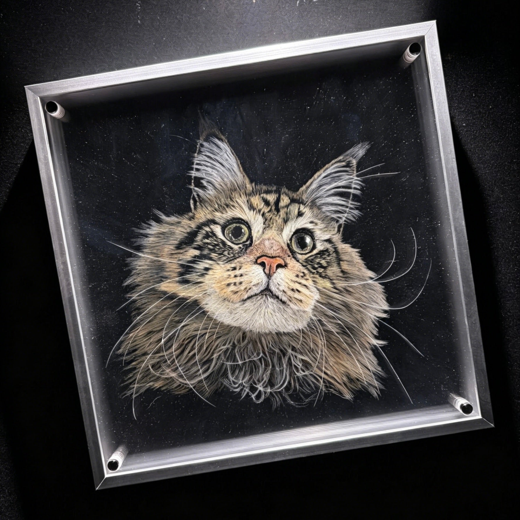 Bespoke 3D acrylic pet portrait in a modern light wood frame on a stylish background, premium custom pet memorial home decor.