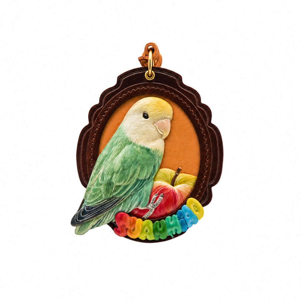 Bespoke exotic animal leather pendant keychain featuring a detailed 3D hand-carved green parrot relief design