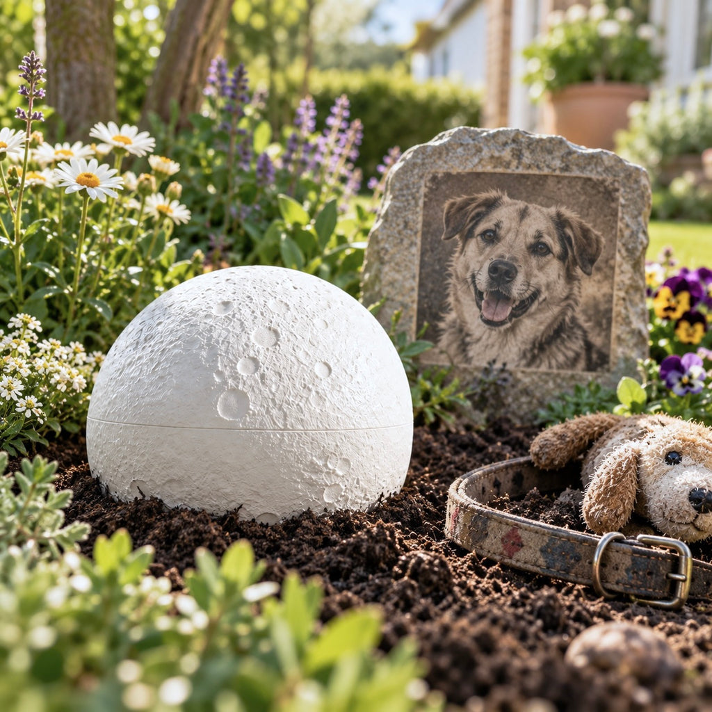 White moon-shaped biodegradable pet urn placed in a garden soil memorial setting alongside flowers, a dog memorial plaque, and a collar.