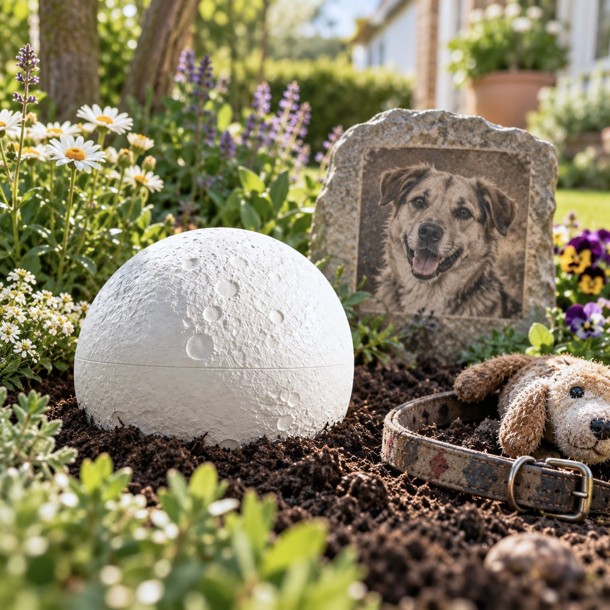 White moon-shaped biodegradable pet urn placed in a garden soil memorial setting alongside flowers, a dog memorial plaque, and a collar.