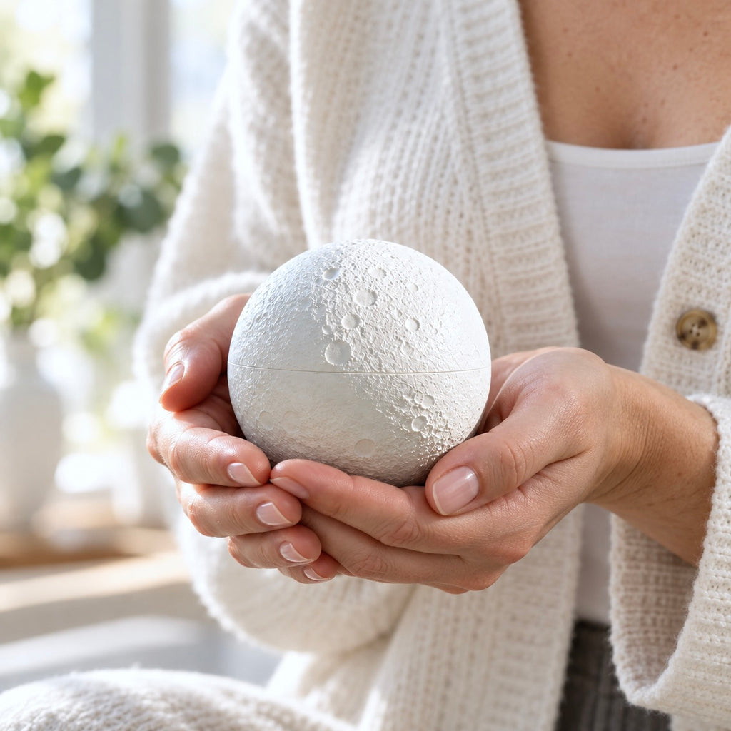 A person warmly holding a white cratered moon-shaped biodegradable pet urn in both hands.