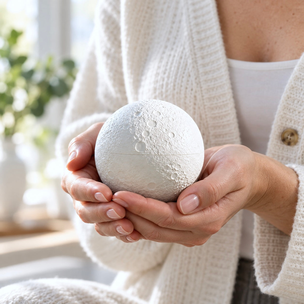A person warmly holding a white cratered moon-shaped biodegradable pet urn in both hands.