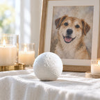 White moon-textured biodegradable pet urn displayed indoors on a table next to a framed dog portrait and lit glowing candles.