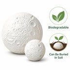 Small and large white moon-shaped PLA pet memorial urns shown with biodegradable and soil-burial graphics