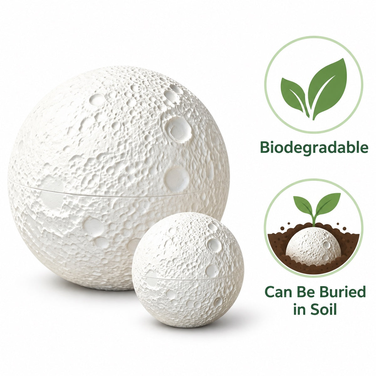 Small and large white moon-shaped PLA pet memorial urns shown with biodegradable and soil-burial graphics