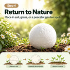 Moon-shaped pet memorial urn placed in garden soil with an illustration of gradual decomposition