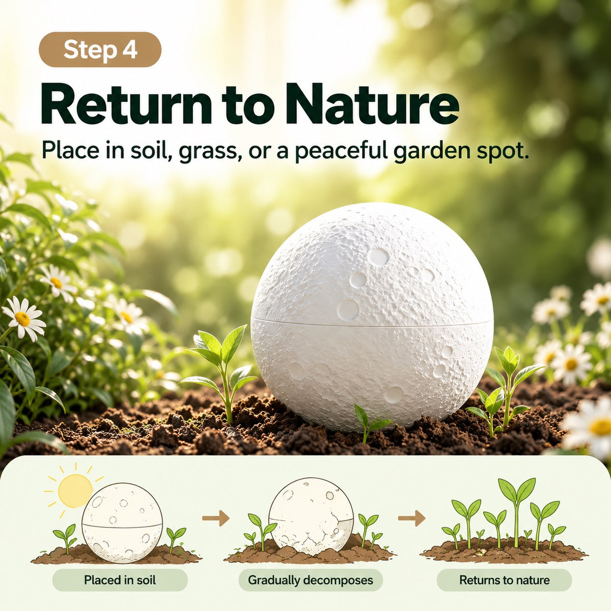 Moon-shaped pet memorial urn placed in garden soil with an illustration of gradual decomposition