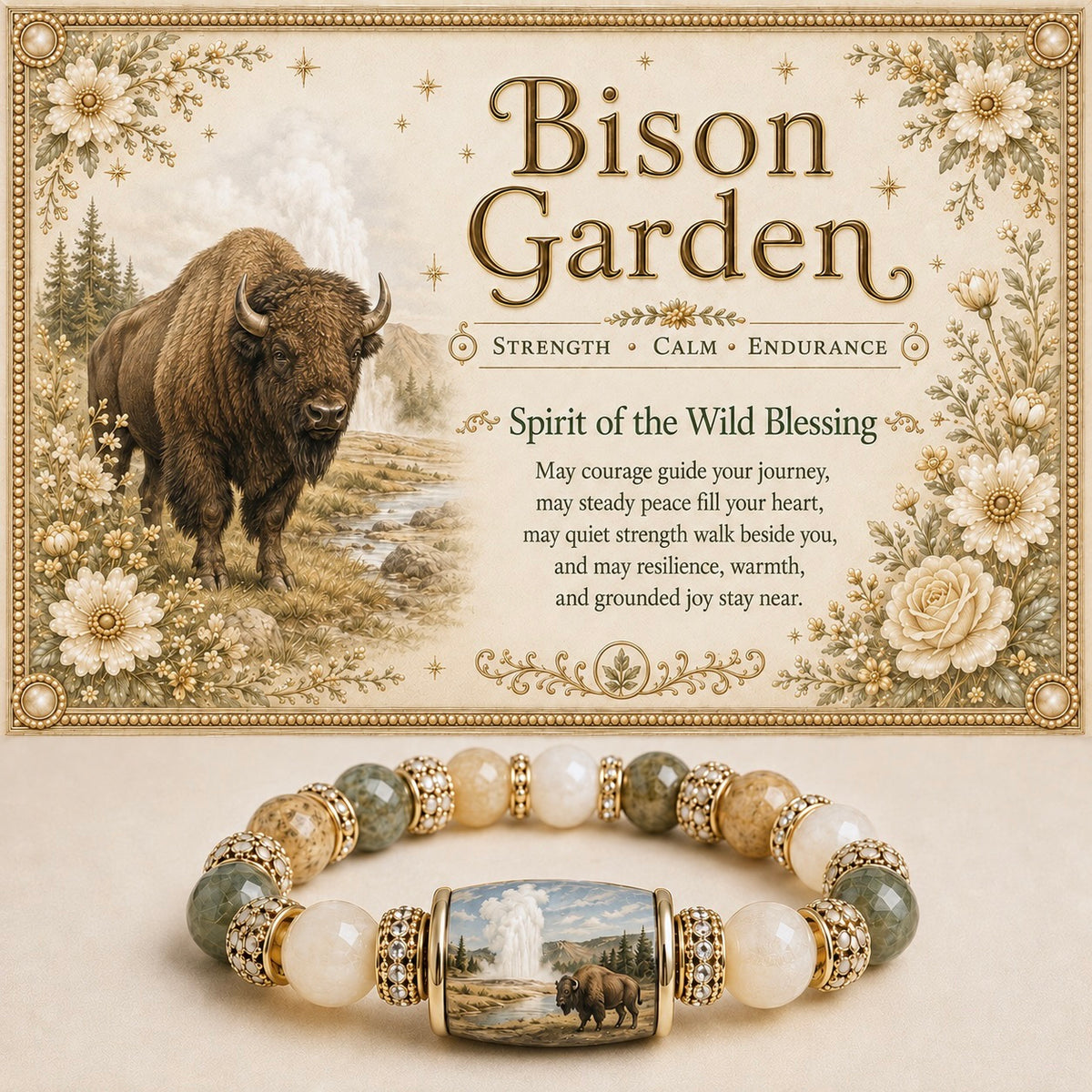 Bison crystal beaded stretch bracelet with landscape resin focal bead and neutral green beads