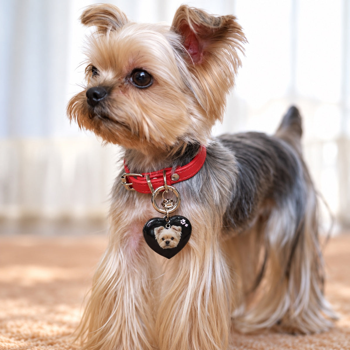 Yorkshire Terrier wearing a black heart-shaped photo dog tag on a red collar