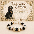 Black Labrador portrait bracelet with black and white beads beneath floral breed artwork