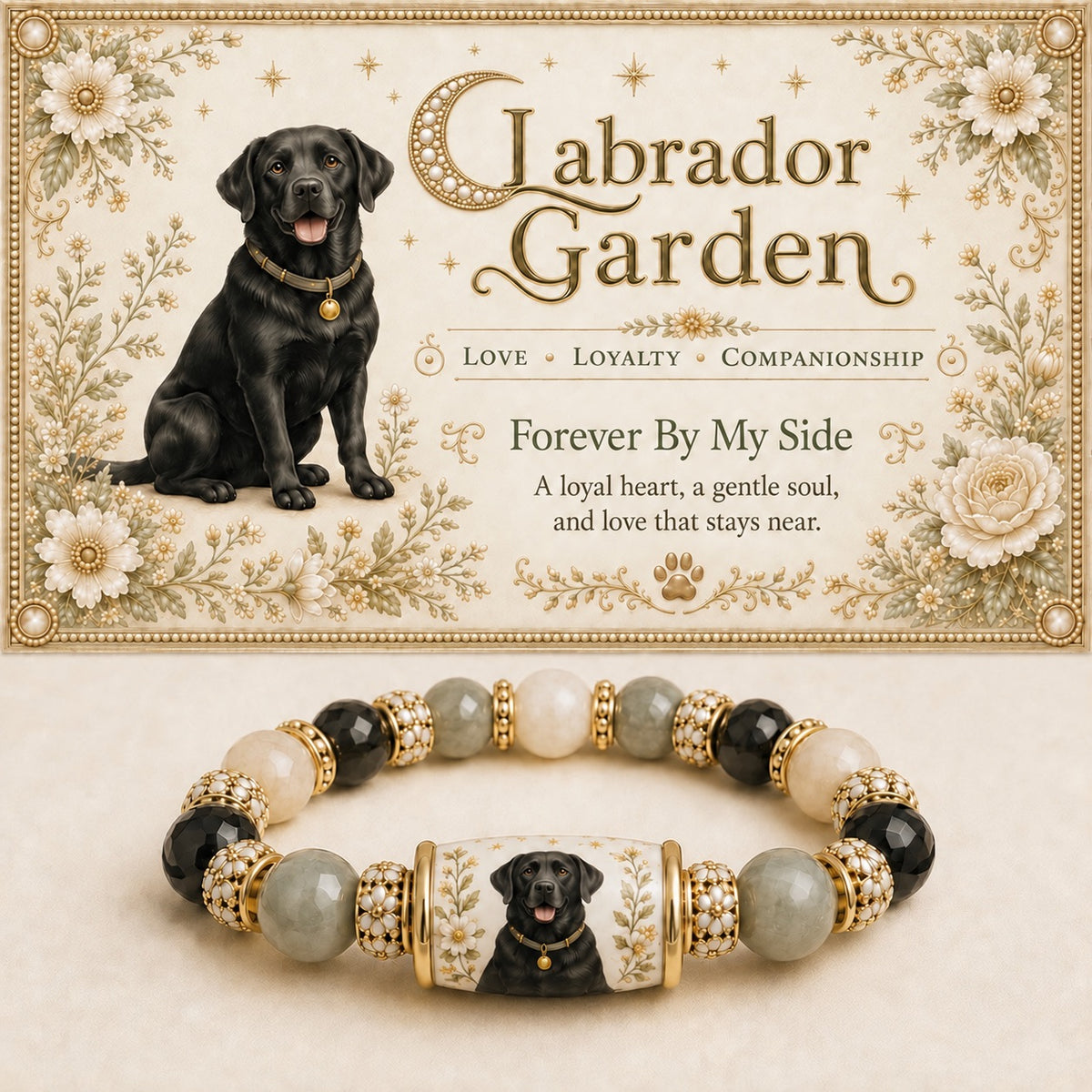Black Labrador portrait bracelet with black, sage and cream beads and gold-tone spacers