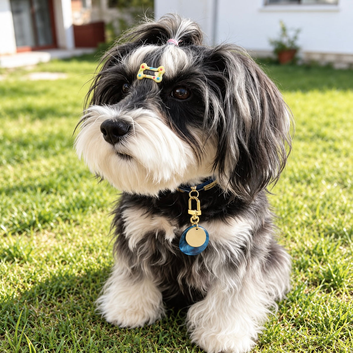 Black and white dog outdoors wearing a blue translucent double-layer dog ID tag