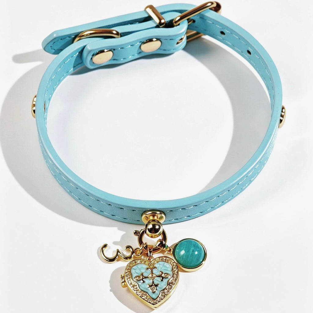 Owner and dog wearing a custom pet photo locket necklace and collar