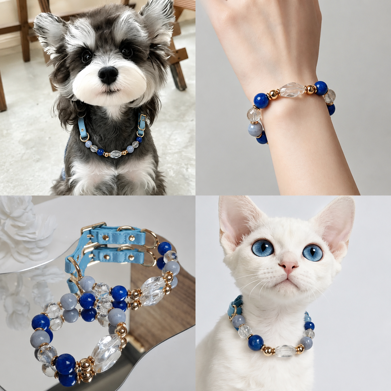 Owner and pet wearing matching crystal bracelet and collar
