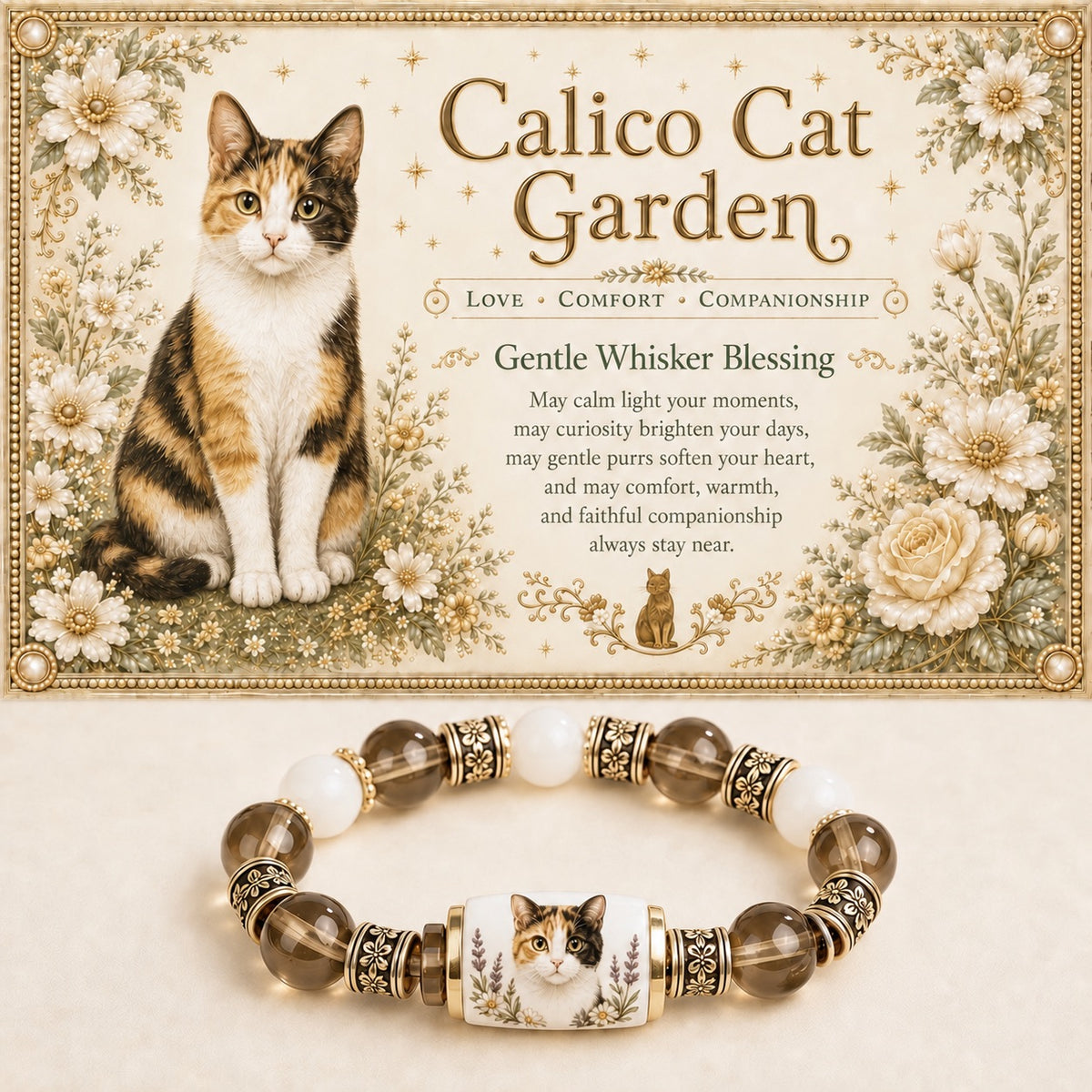 Calico cat portrait bracelet with smoky brown and white beads beneath botanical cat artwork