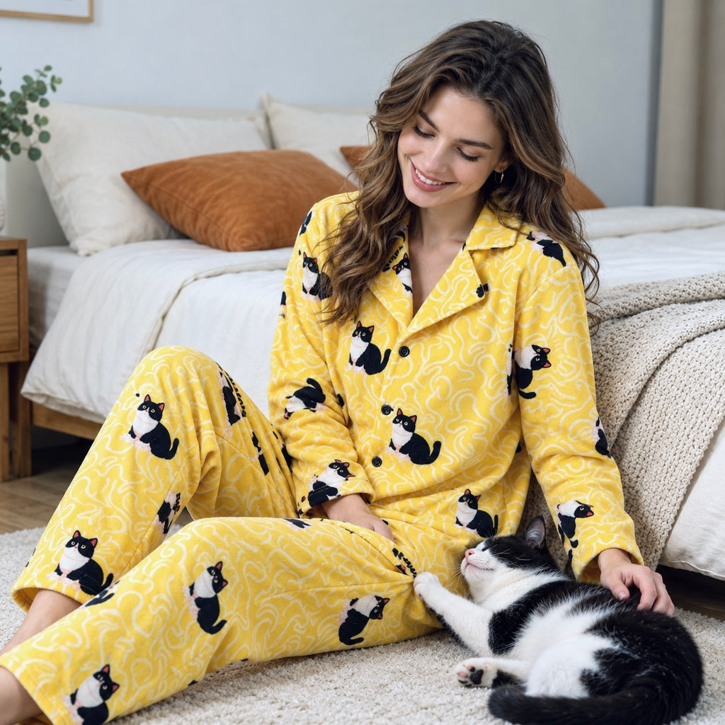 Person lounging beside a bed in yellow cat portrait pajamas with a tuxedo cat