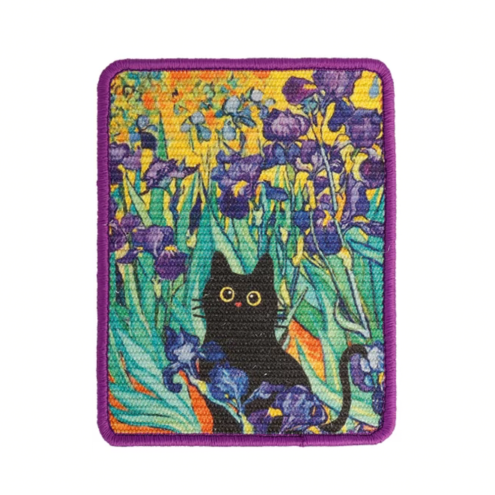 Decorative cat scratcher art mounted on a home wall