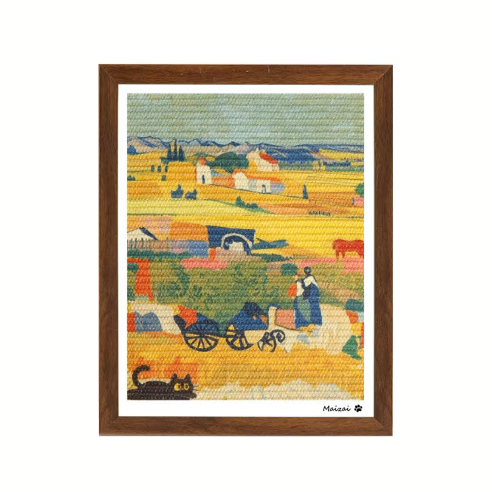 Yellow framed wall mounted cat scratcher art for living room decor