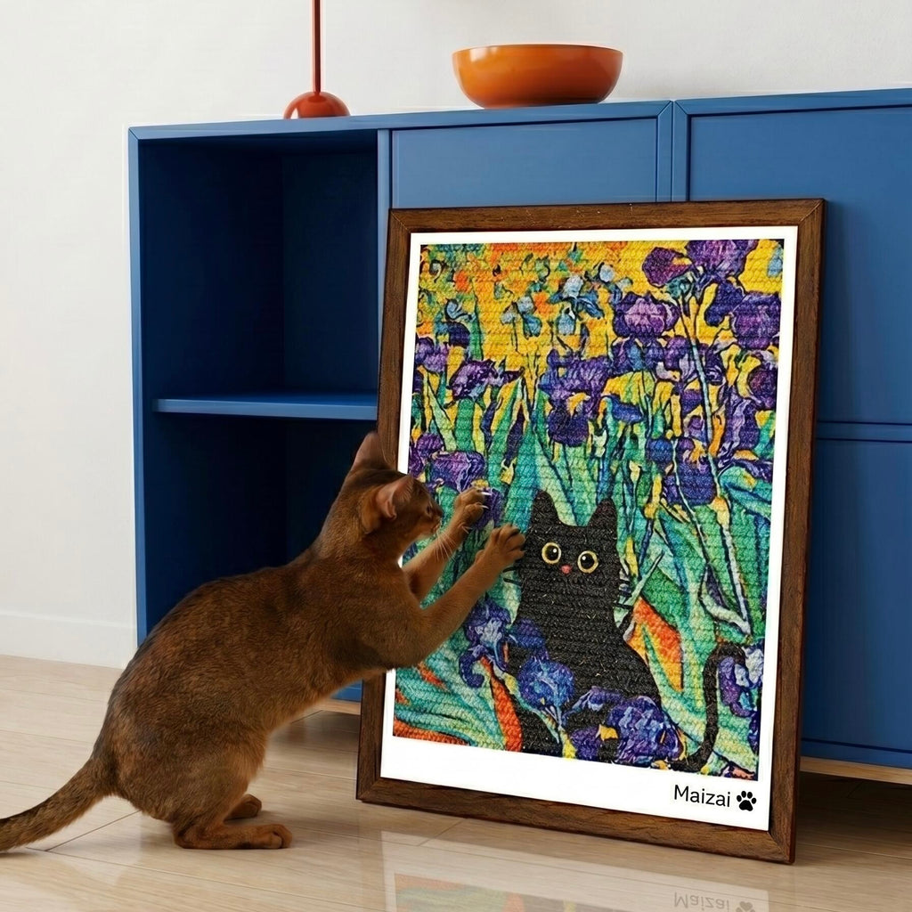 Wall-mounted cat scratcher art with natural sisal surface