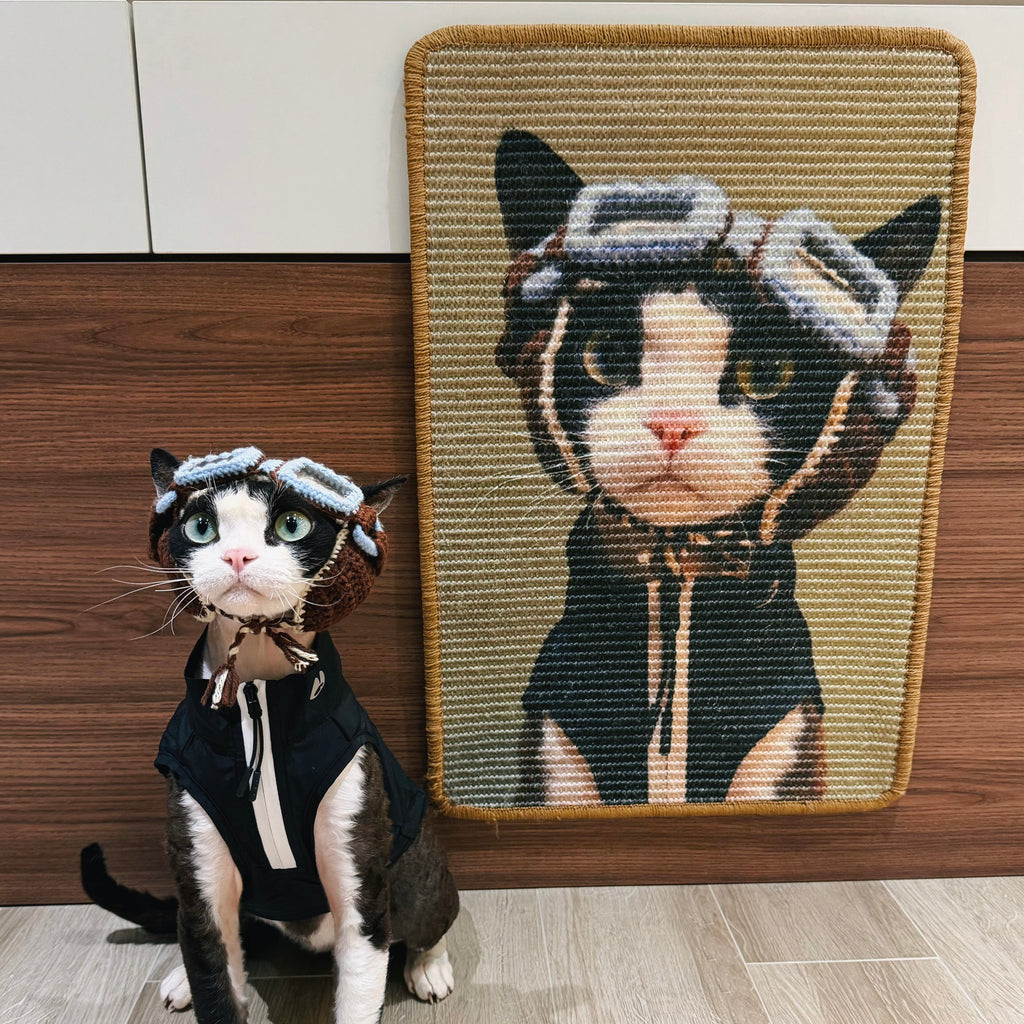 Custom cat scratcher board mounted on a living room wall