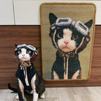 Custom cat scratcher board mounted on a living room wall