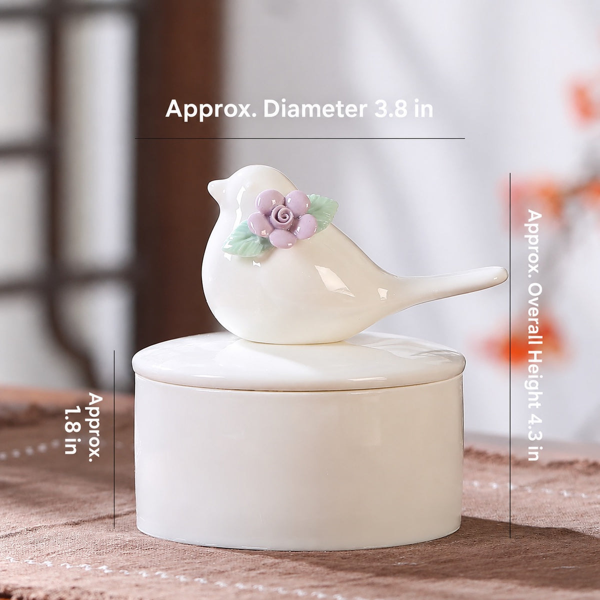Size guide for the ceramic bird memorial urn showing a 3.8 inch diameter, 1.8 inch box height and 4.3 inch overall height