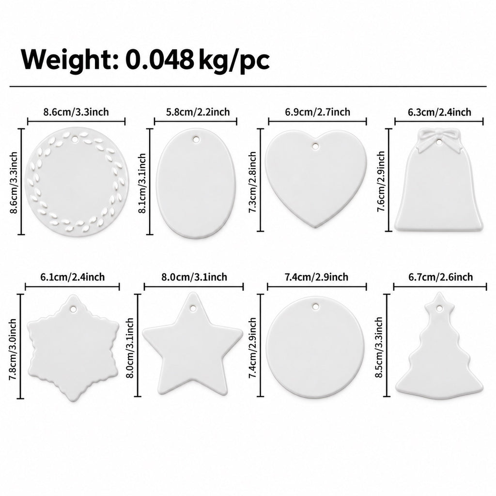 Size guide for eight ceramic Christmas ornament shapes: cutout round, oval, heart, bell, snowflake, star, round, and tree