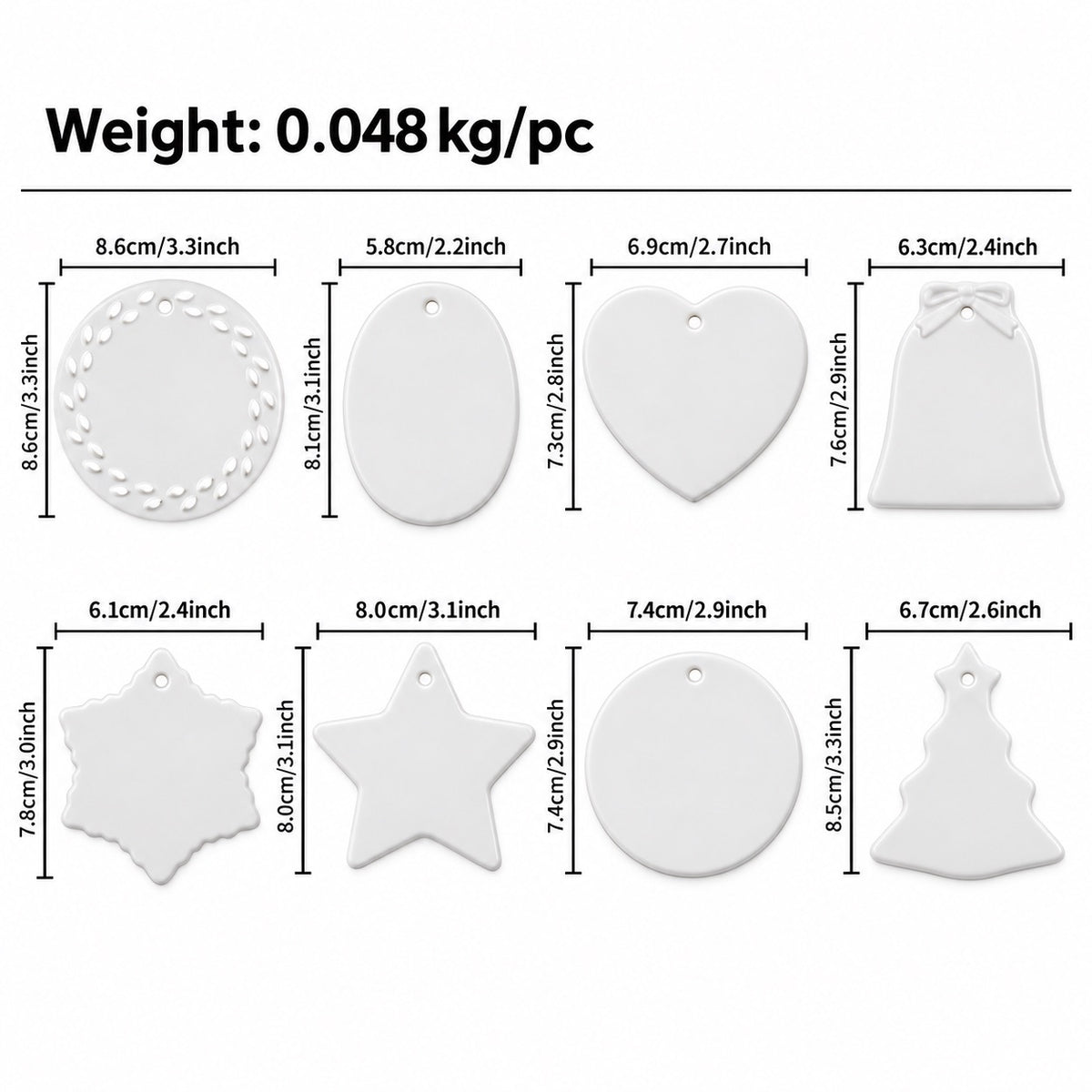 Size guide for eight ceramic Christmas ornament shapes: cutout round, oval, heart, bell, snowflake, star, round, and tree