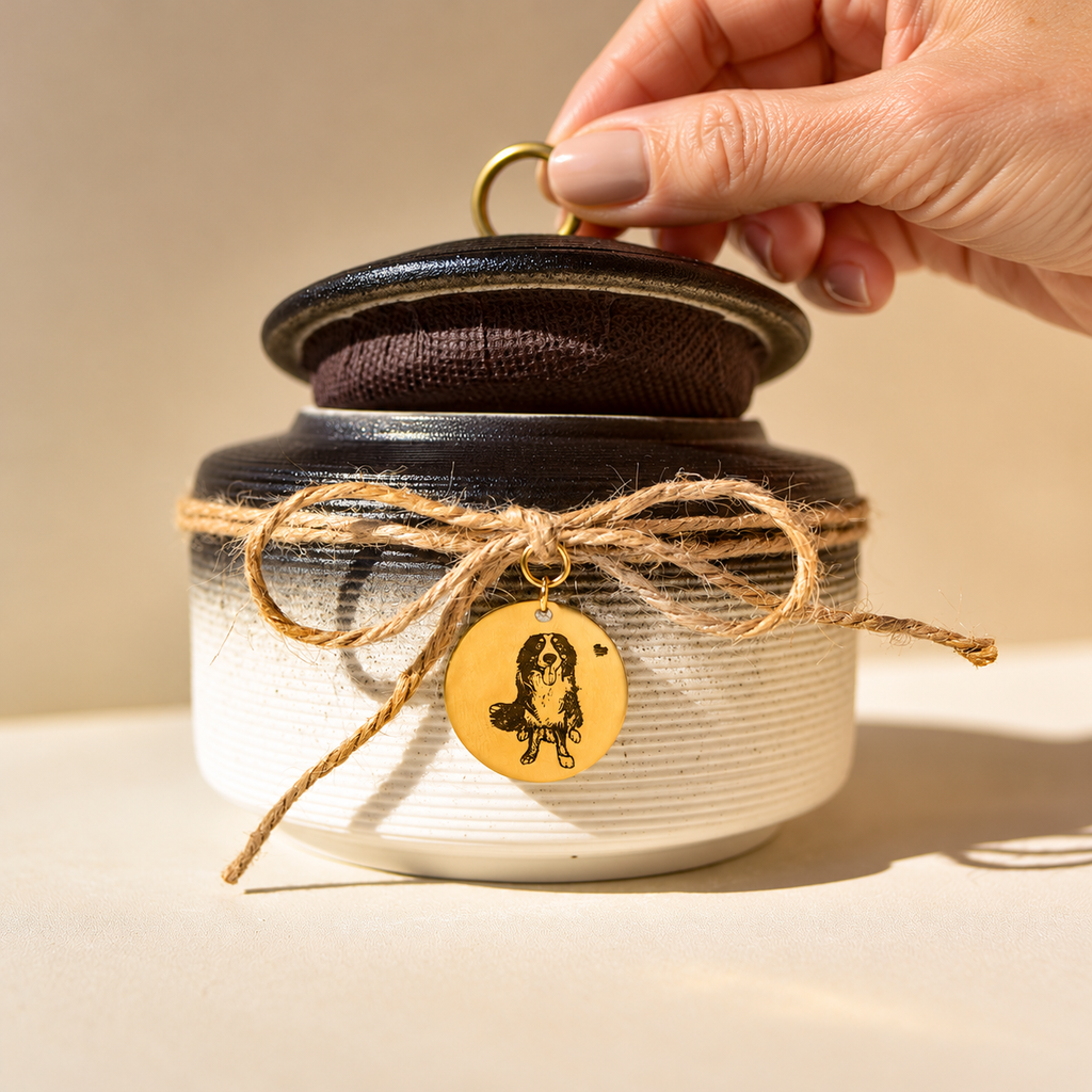 Hand lifting the removable moisture-resistant lid from a personalized ceramic pet memorial urn