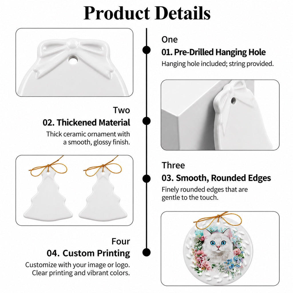 Ceramic ornament detail graphic showing a hanging hole, glossy finish, rounded edges, and a printed cat portrait