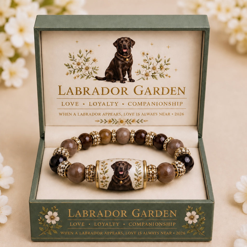 Chocolate Labrador portrait bracelet with brown beads displayed in a green floral gift box