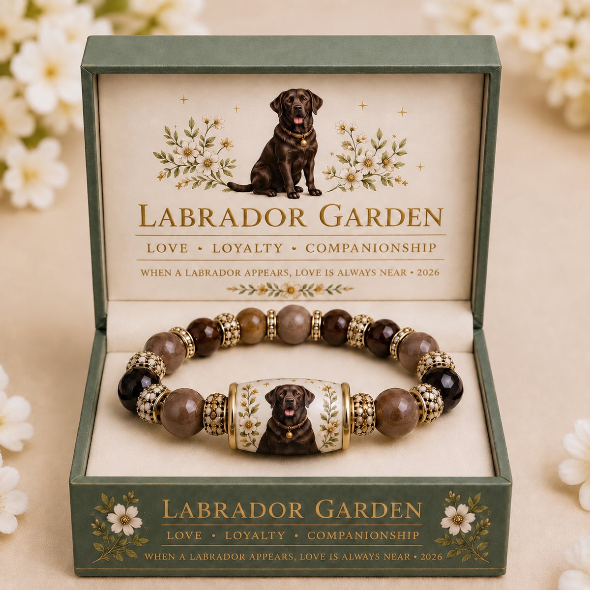Chocolate Labrador portrait bracelet with brown beads displayed in a green floral gift box