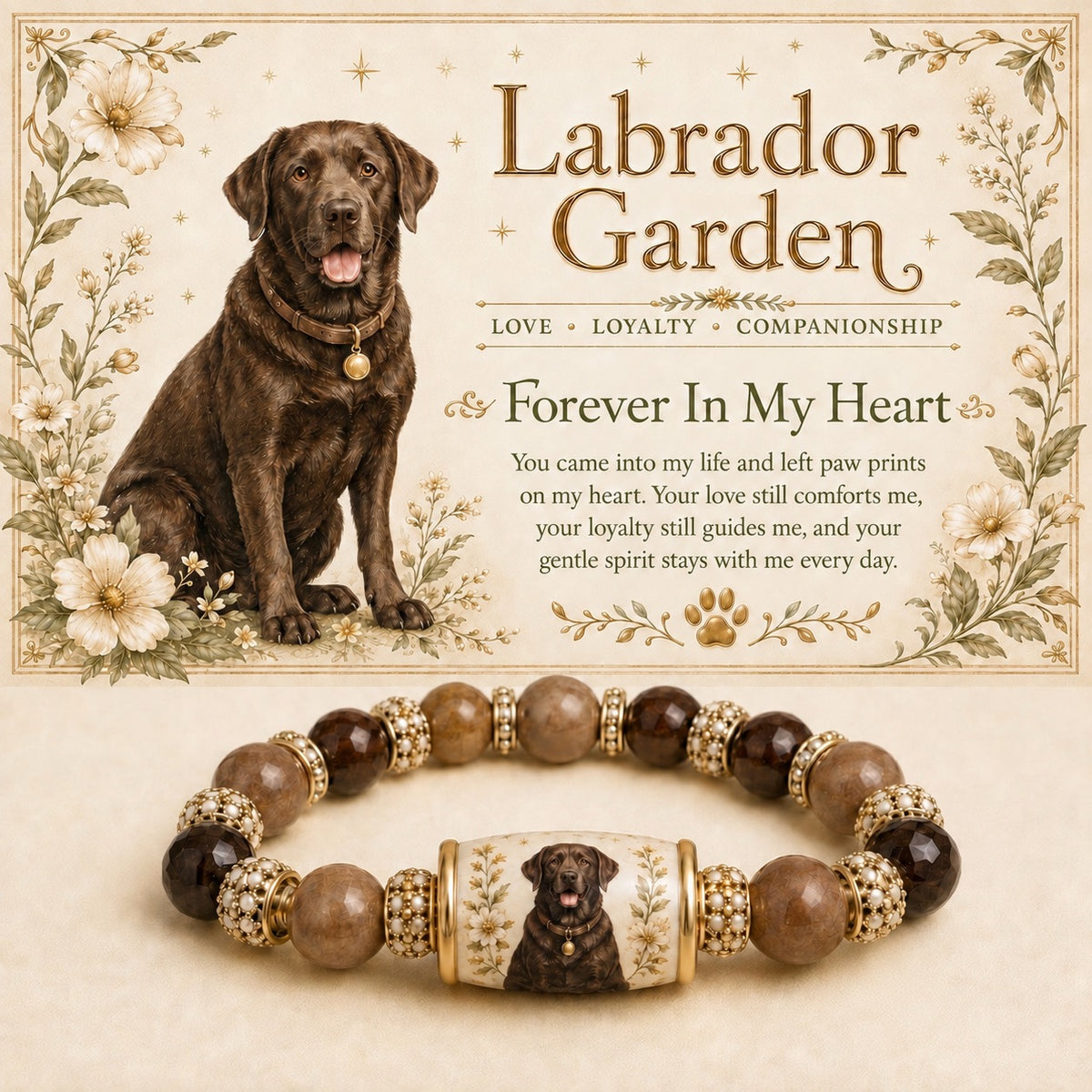 Chocolate Labrador portrait bracelet with brown beads beneath Forever in My Heart artwork