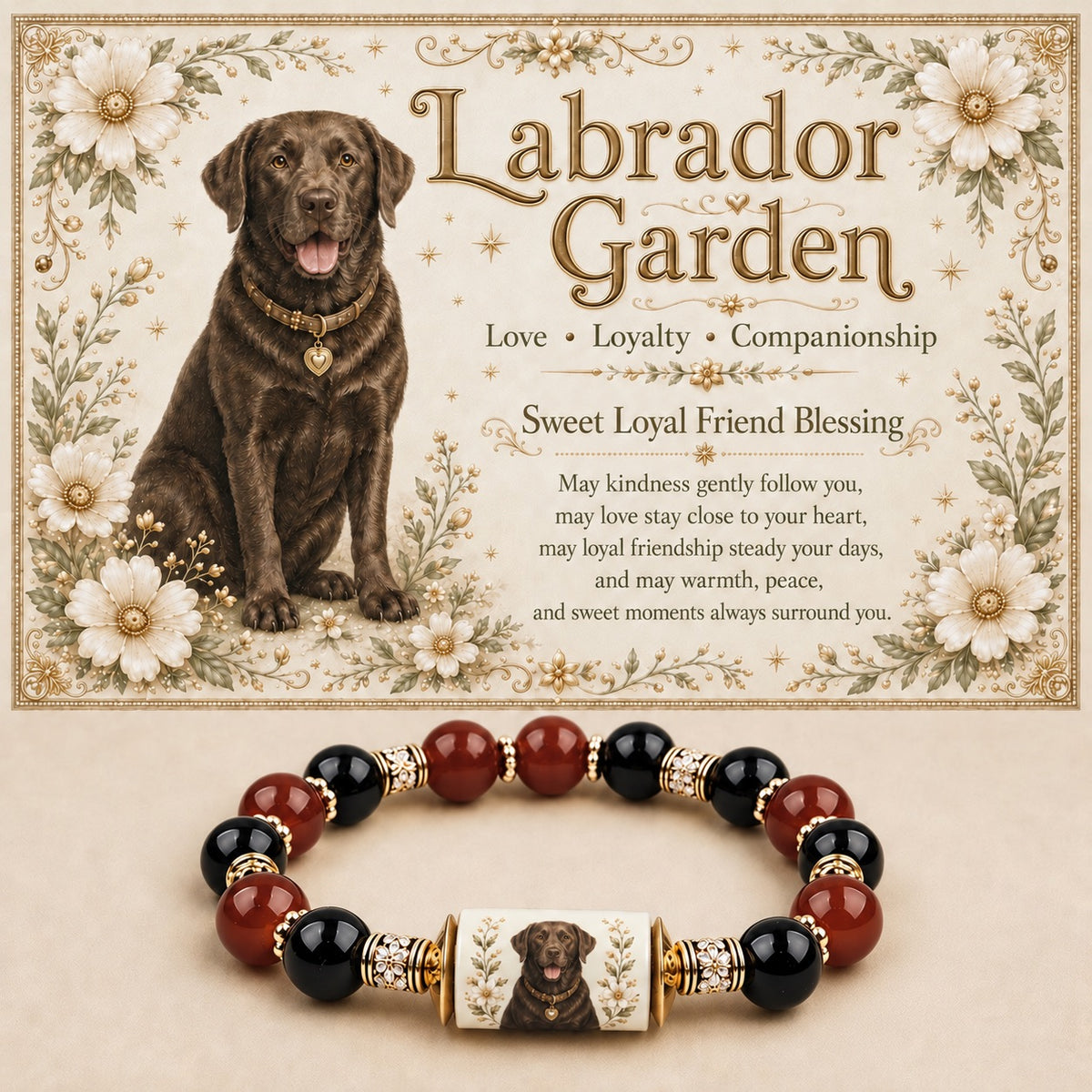 Chocolate Labrador portrait bracelet with red and black beads beneath floral breed artwork