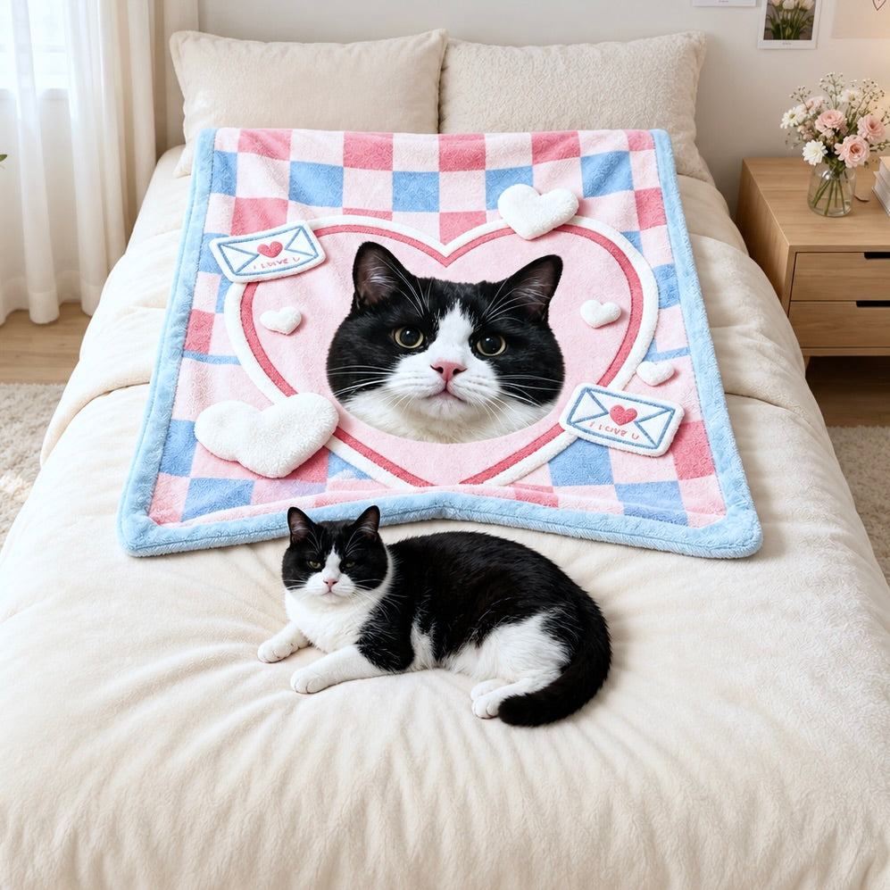 Cookie cat portrait blanket displayed on a bed with a tuxedo cat resting in front