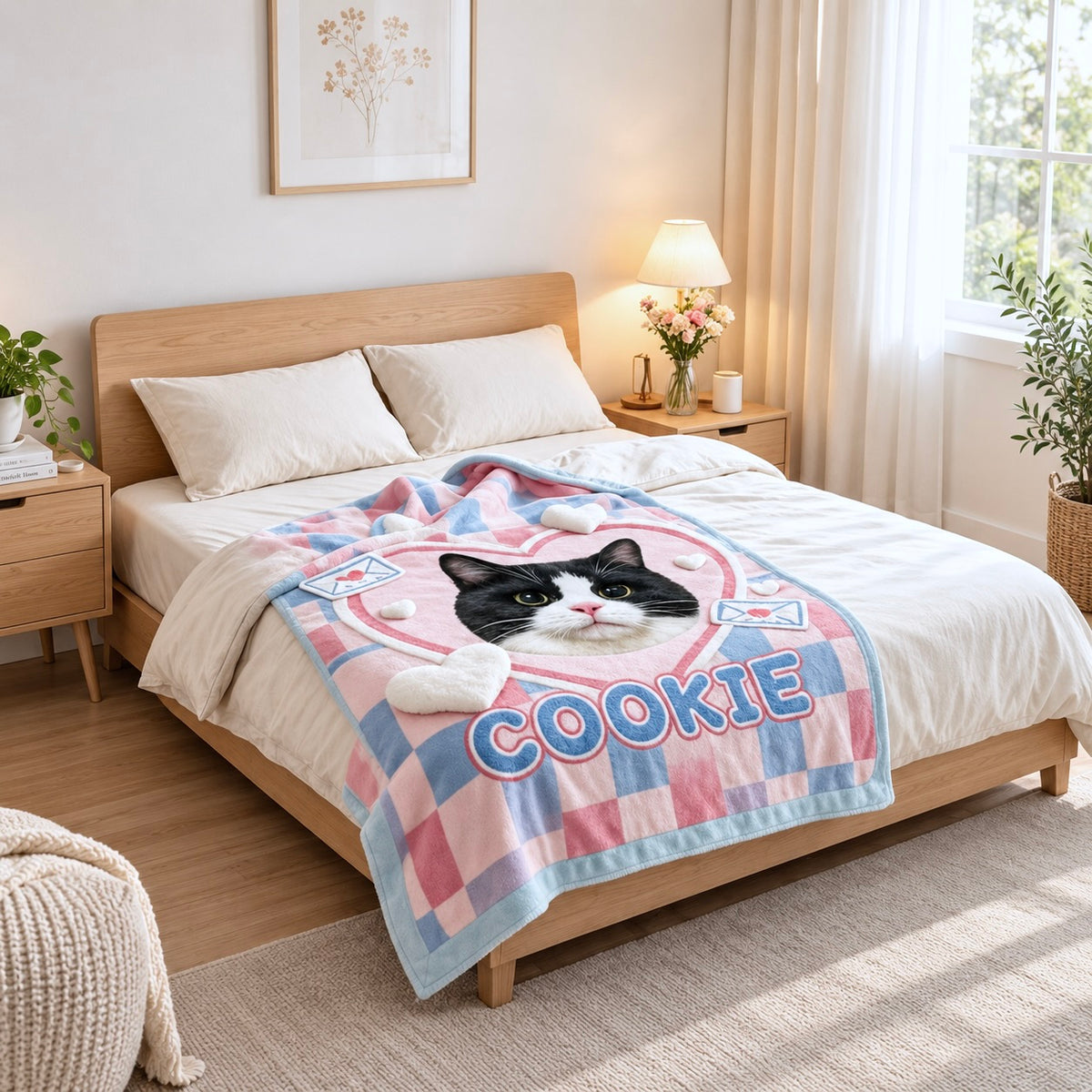 Pink and blue Cookie cat portrait blanket spread across a bed in a bright bedroom