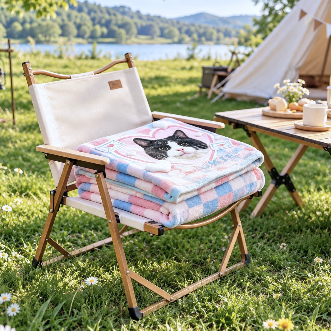 Folded pink and blue cat portrait blanket on a camping chair beside a tent and lake